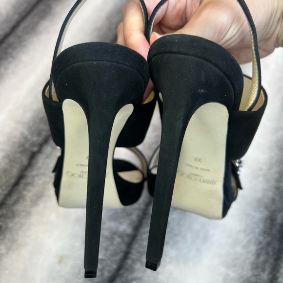 Jimmy Choo Saphie 120 mm Crystal Charm Black Suede Platform Heels - Picture 2 of 10